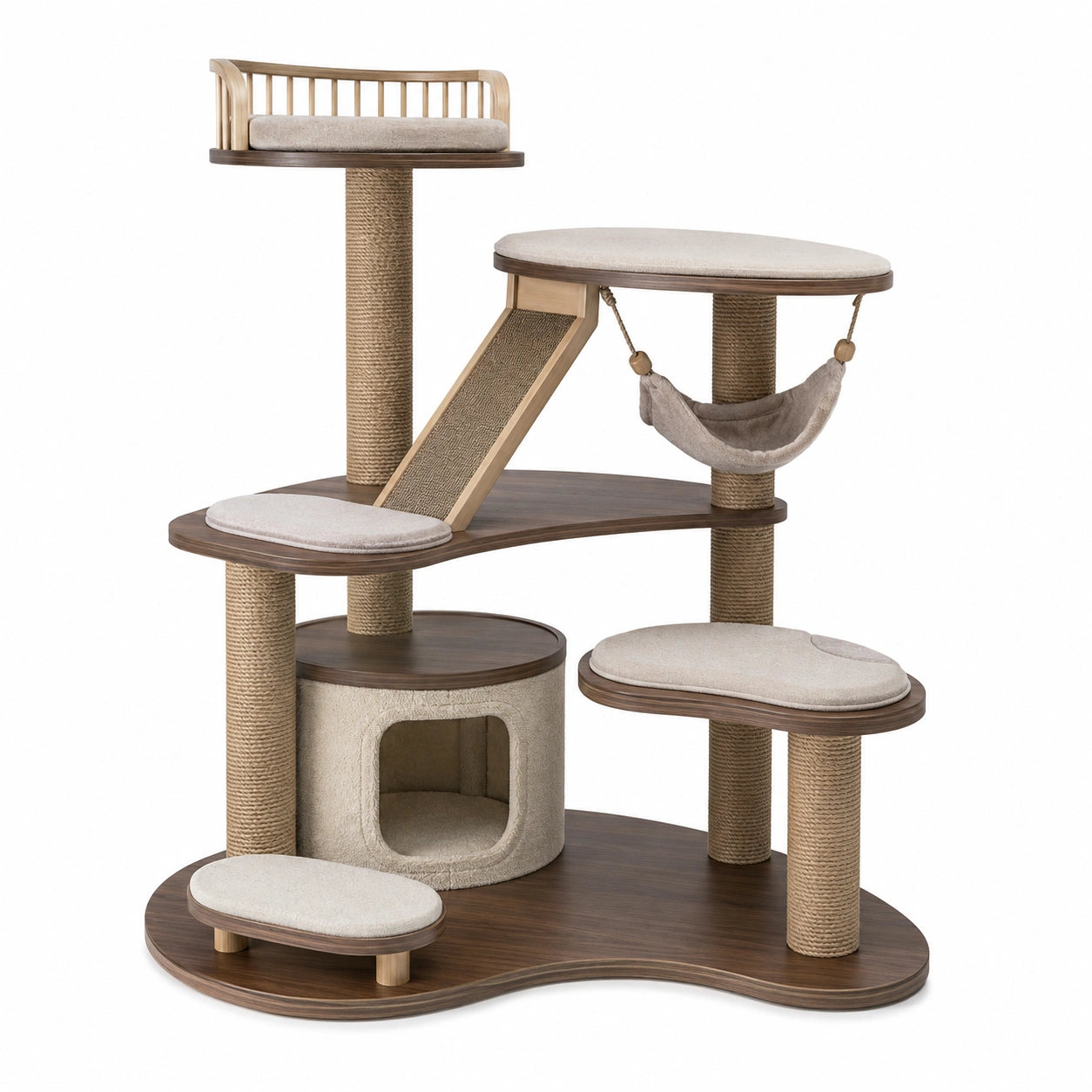 Árbol rascador para gatos de madera y sisal con cojines beige