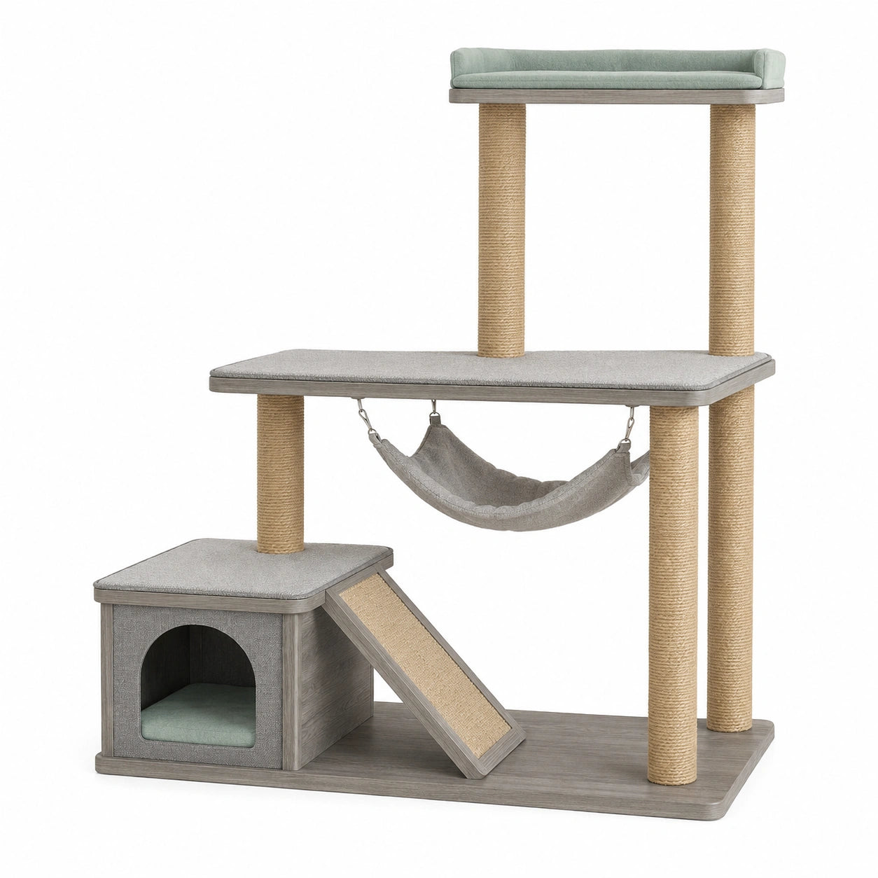 Árbol rascador para gatos de madera con cuerda de sisal y cojín 120cm