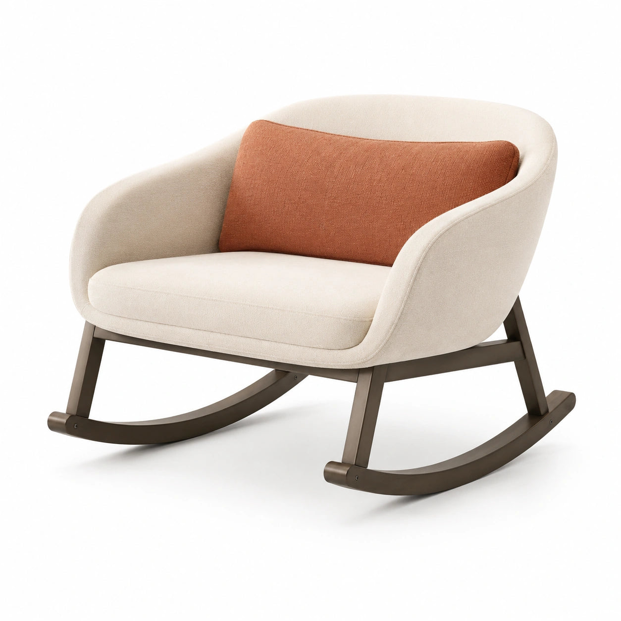 Silla mecedora beige con cojín lumbar naranja y estructura de madera