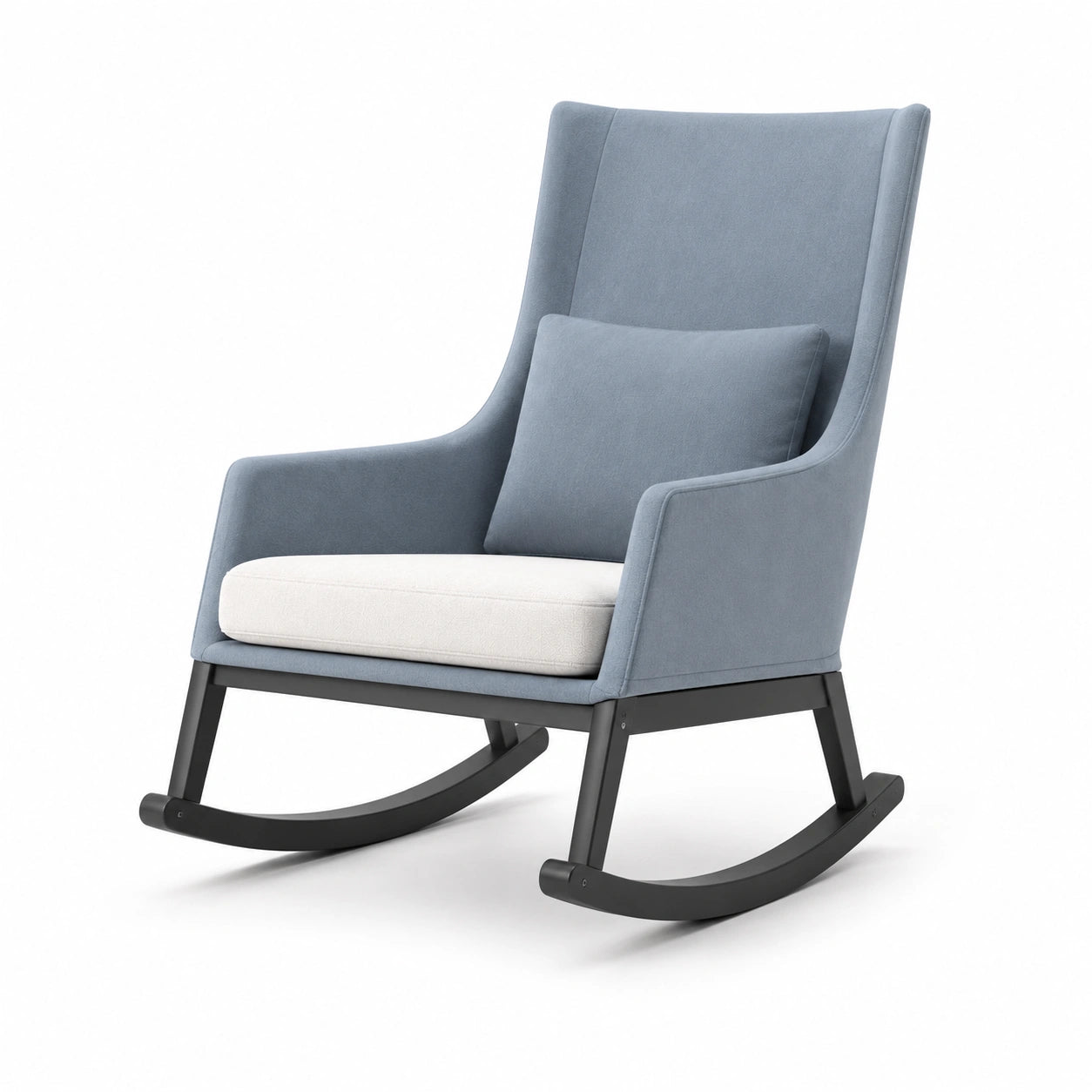 Mecedora de tela azul con base de madera 88x60x75 cm