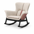 Sillón mecedor de tela beige y rosa con estructura de madera