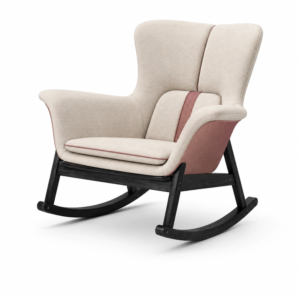 Sillón mecedor de tela beige y rosa con estructura de madera