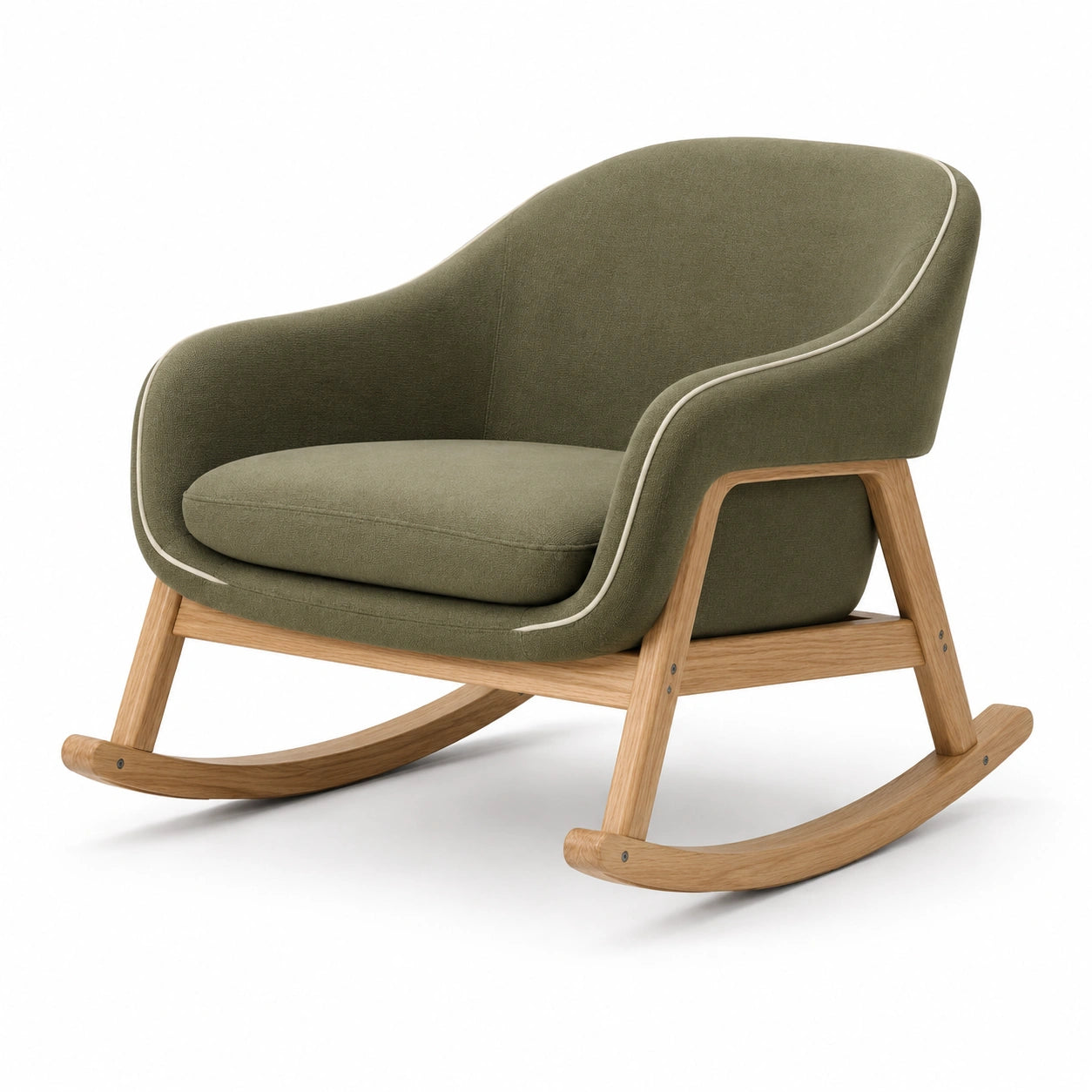 Mecedora de poliéster verde oliva con estructura de madera de roble