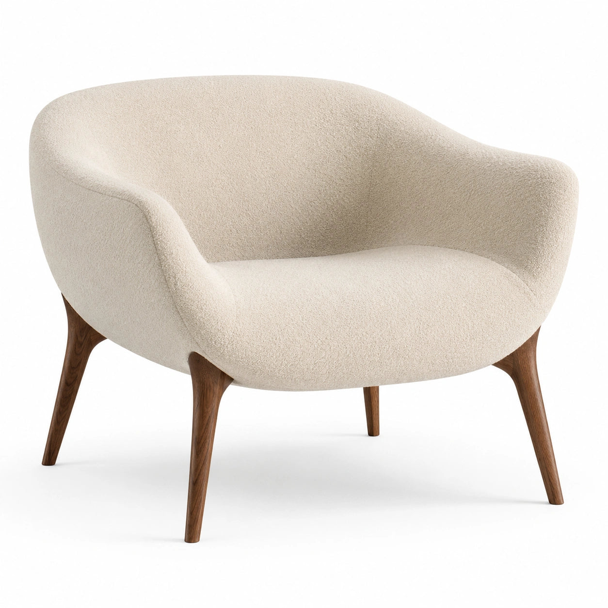 Sillón de tela bouclé beige con patas de madera