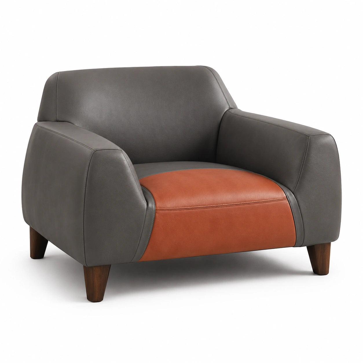 Sillón de cuero sintético gris y marrón con patas de madera