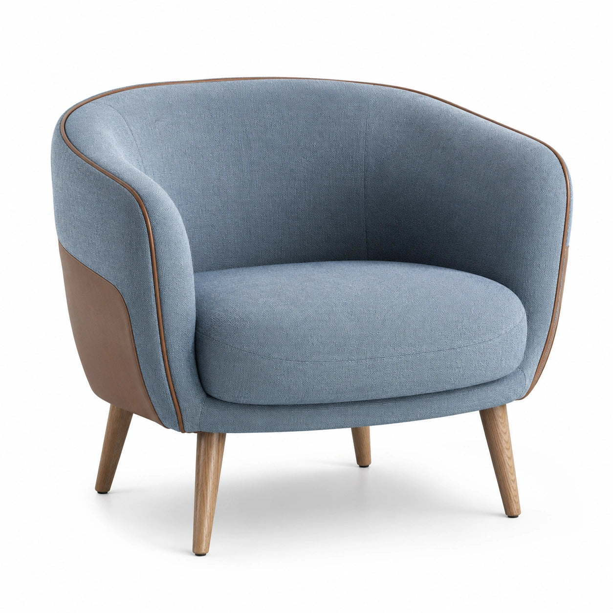 Sillón de lino azul y piel sintética con patas de roble