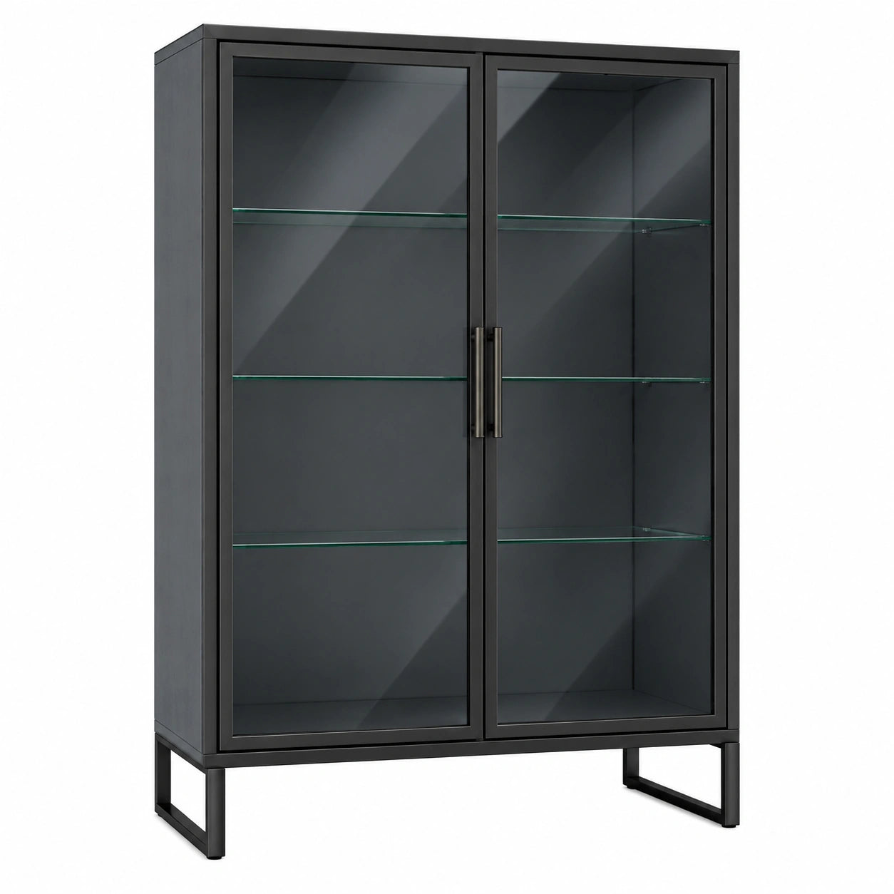 Vitrina de metal y vidrio negro con estantes de vidrio templado