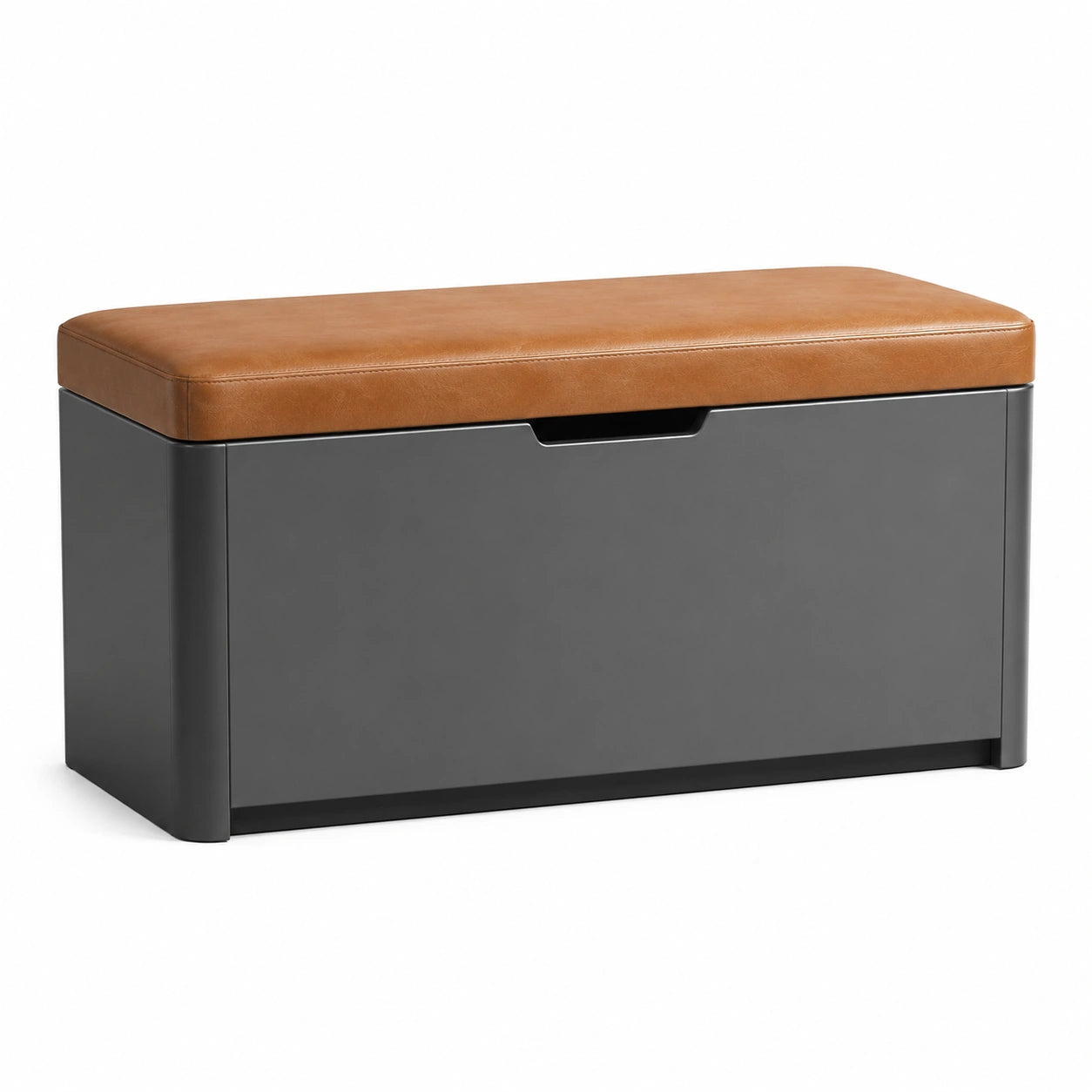 Banco de almacenamiento de cuero sintético marrón con base gris