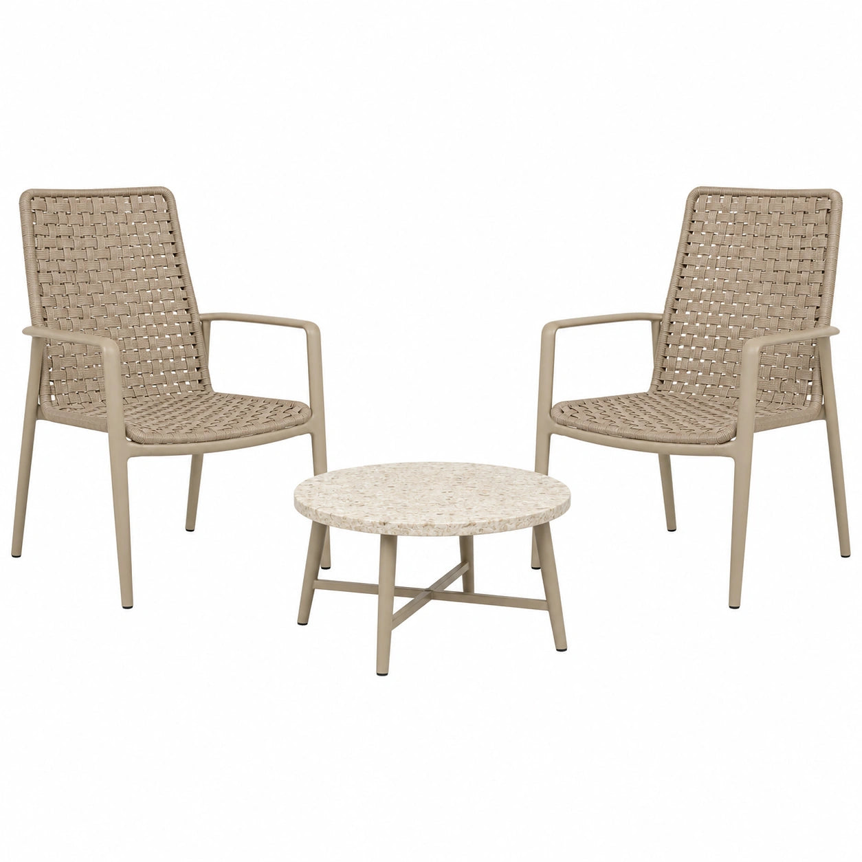Conjunto de Muebles de Jardín: 2 Sillas y Mesa Redonda de Ratán Sintético y Metal
