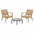 Conjunto de sillas de madera con respaldo tejido y mesa de centro de mármol