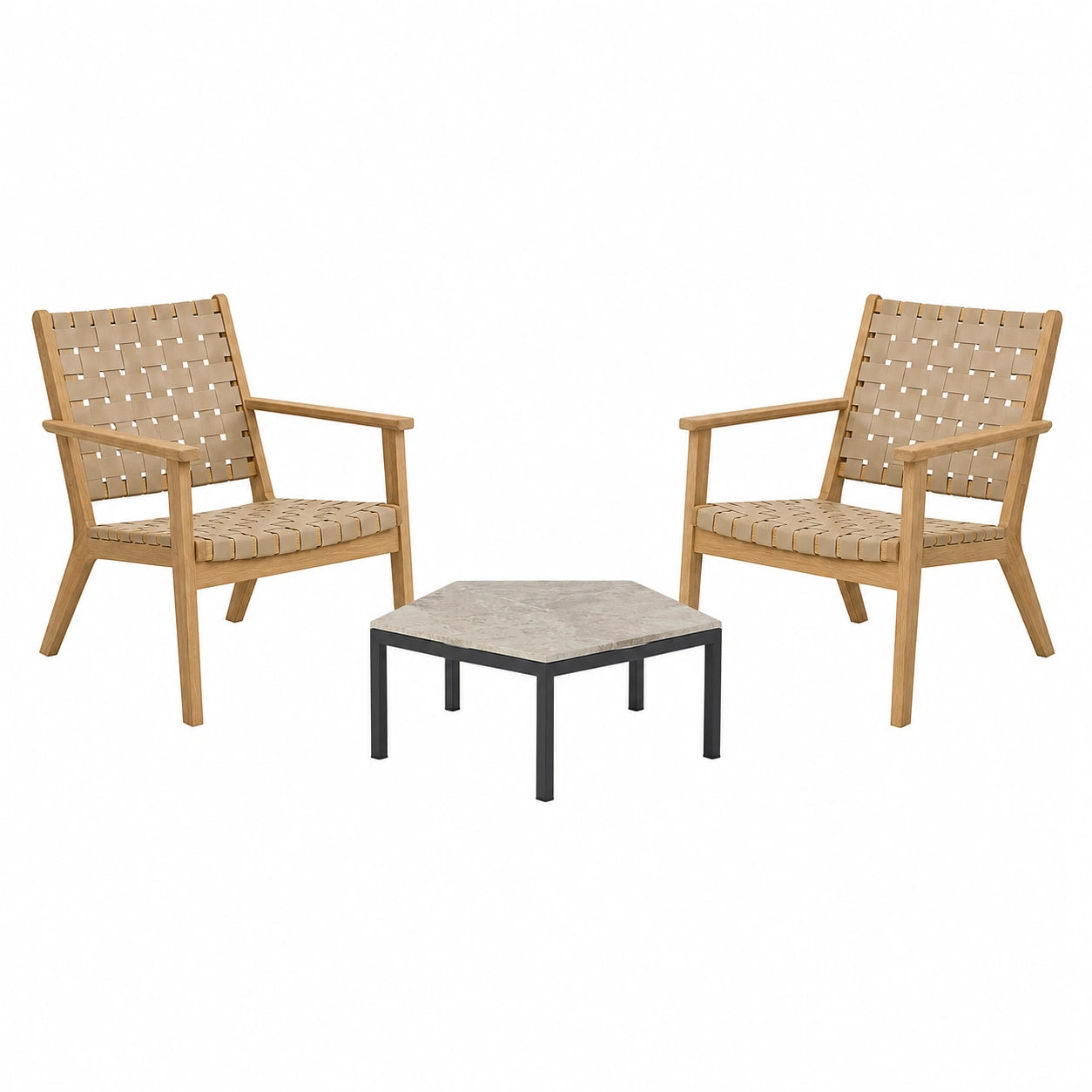 Conjunto de sillas de madera con respaldo tejido y mesa de centro de mármol