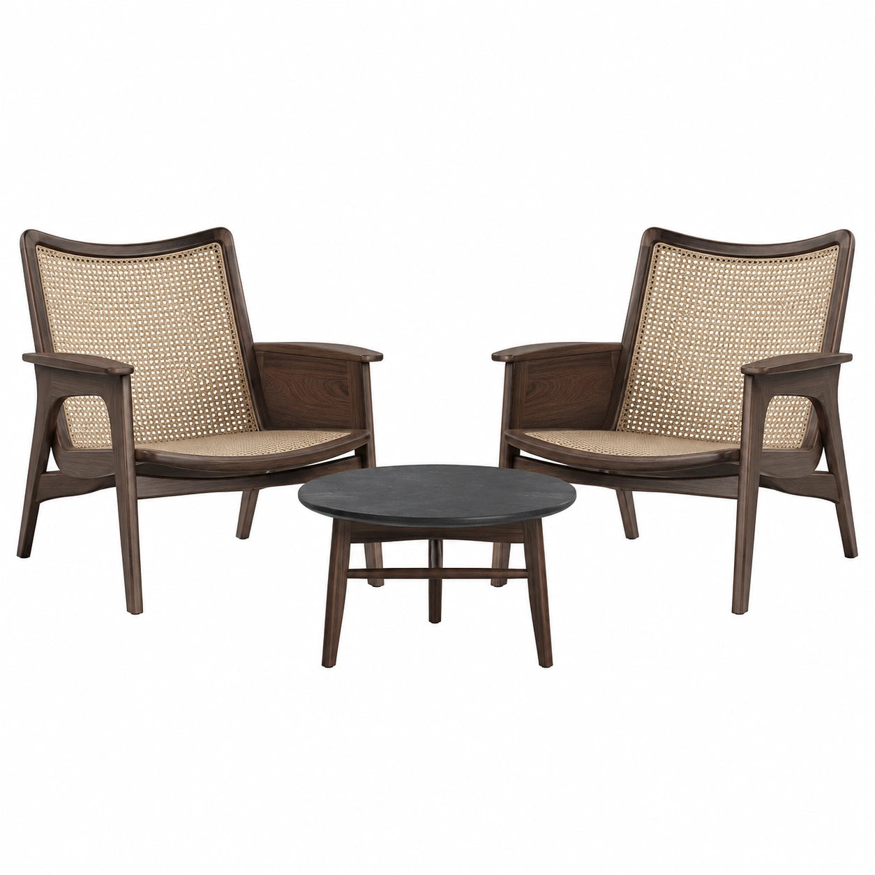 Conjunto de Sillas de Madera y Ratán con Mesa de Centro Redonda