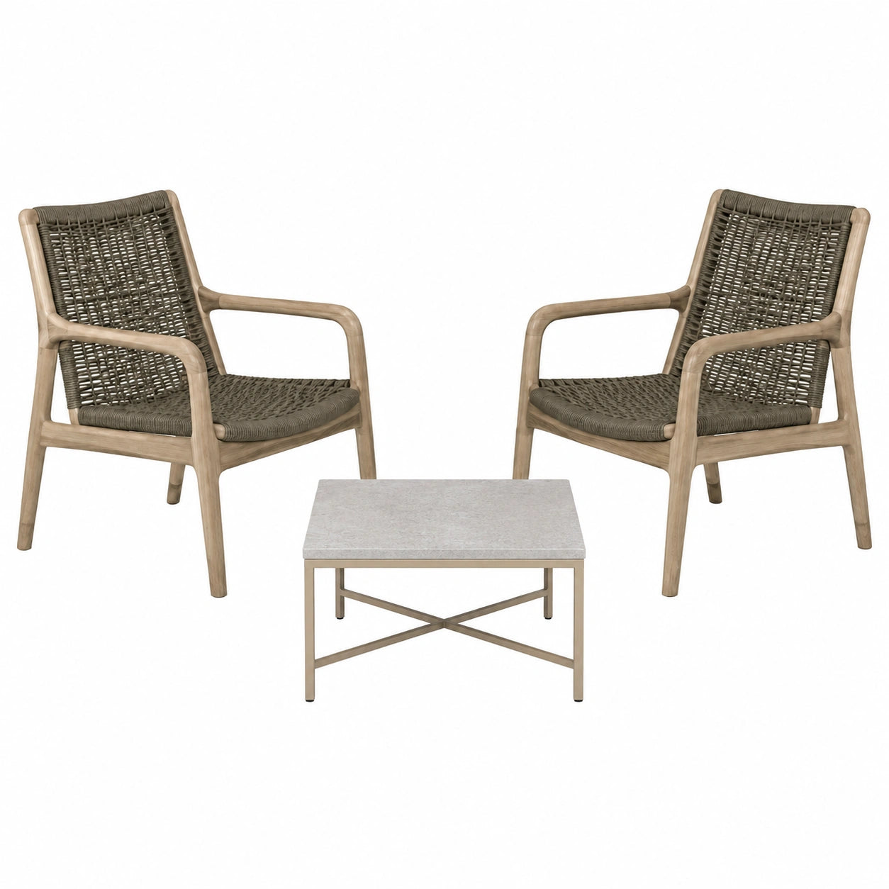 Conjunto de Muebles de Jardín de Madera y Ratán con Mesa de Metal y Piedra