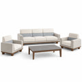 Conjunto de sala sofá de 3 plazas y 2 sillones de tela beige/gris estructura de madera mesa de centro