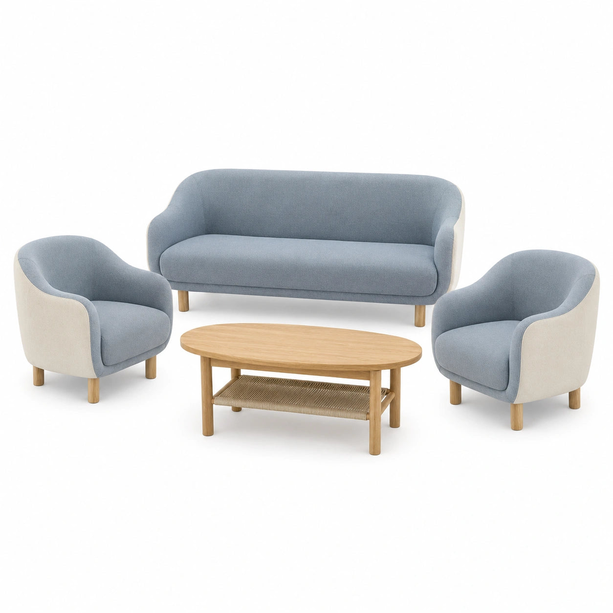 Conjunto de Sofá y Sillones de Tela Azul y Beige con Mesa de Centro de Madera de Roble