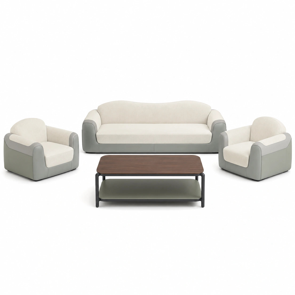 Juego de sala con sofás, sillones y mesa de centro de poliéster y cuero PU Gris/Beige