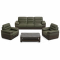 Juego de sala en piel sintética verde con sofá de 3 plazas, 2 sillones y mesa de centro de mármol