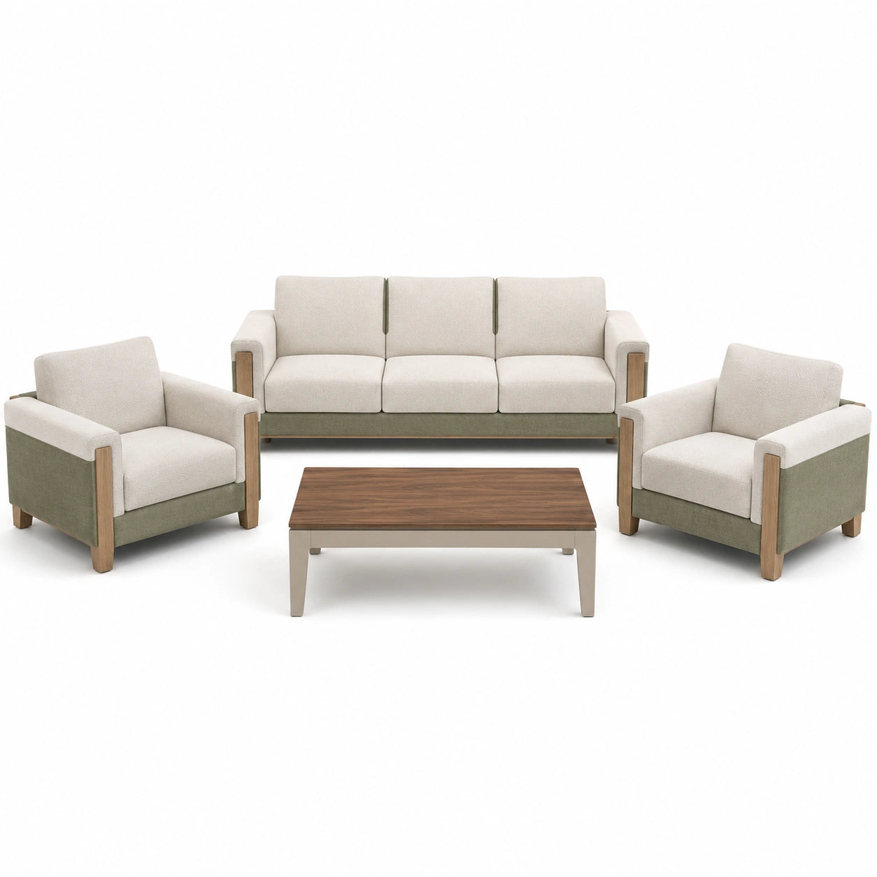 Juego de Sofá y Sillones de Tela con Mesa de Madera