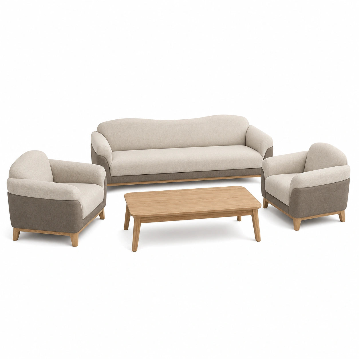 Juego de Sofá de Tela Beige y Gris con Estructura de Madera